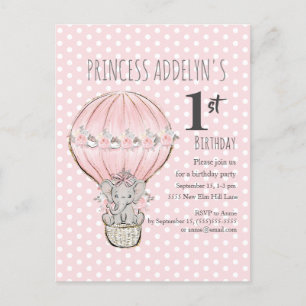 Invitation Carte Postale Points de ballon rose Princesse Eléphant 1er anniv
