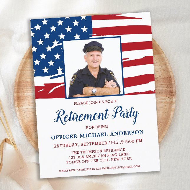 Invitation Carte Postale Police Retirement Party Photo USA American Flag (Créateur téléchargé)