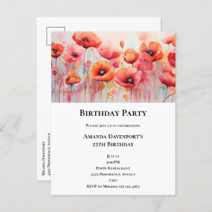 Invitation Carte Postale Poppies rouges dans un champ aquarelle Anniversair