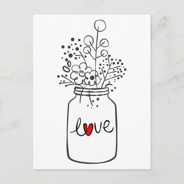 Invitation Carte Postale Pot de fleurs Mason Jar Cœur Rouge Mariage Fête d' (Devant)