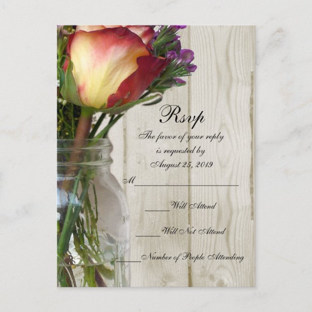 Invitation Carte Postale Pot Mason avec rose et fleurs sauvages (Devant)