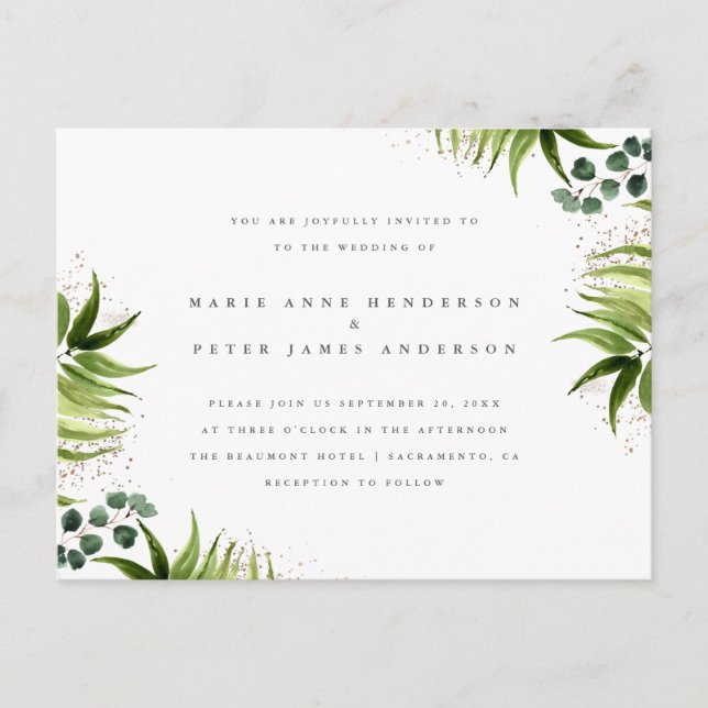 Invitation Carte Postale Poussière d'or et verdure tropicale Mariage botani (Devant)