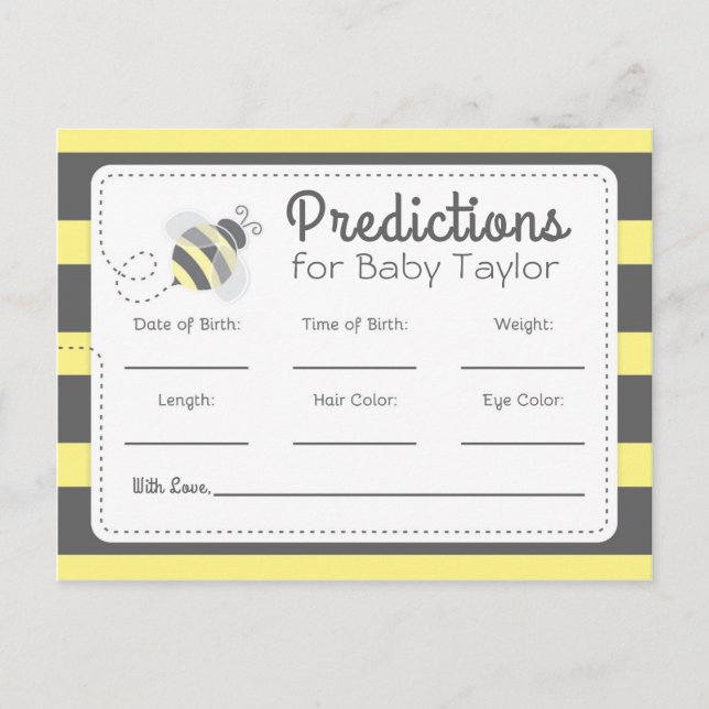 Invitation Carte Postale Prédictions de shower de bébé Bumblebee jaune et n (Devant)