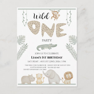 Invitation Carte Postale Premier Anniversaire Faune de Safari Jungle Wild O