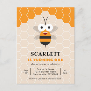 Invitation Carte Postale Premier anniversaire mignonne Miel Bee Honeycomb
