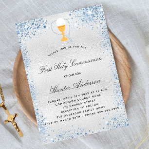 Invitation Carte Postale Première communion bleu argent garçon