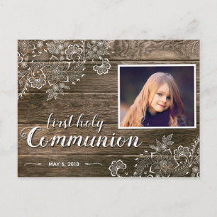 Invitation Carte Postale Première communion de dentelle de bois rustique
