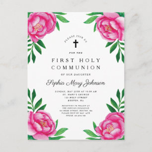 Invitation Carte Postale Première communion florale élégante aquarelle rose