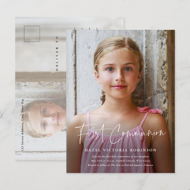 Invitation Carte Postale Première communion moderne script (Devant / Derrière)