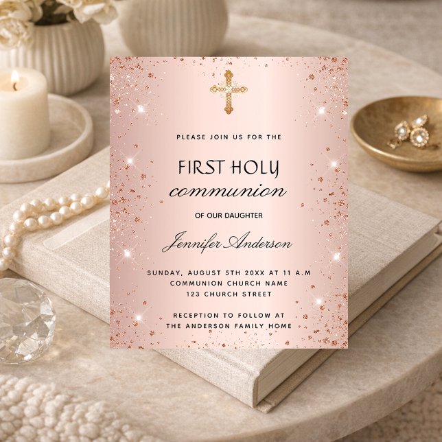 Invitation Carte Postale Première communion rose gold pailleté fille (Créateur téléchargé)