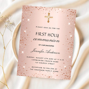 Invitation Carte Postale Première communion rose parties scintillant or fil