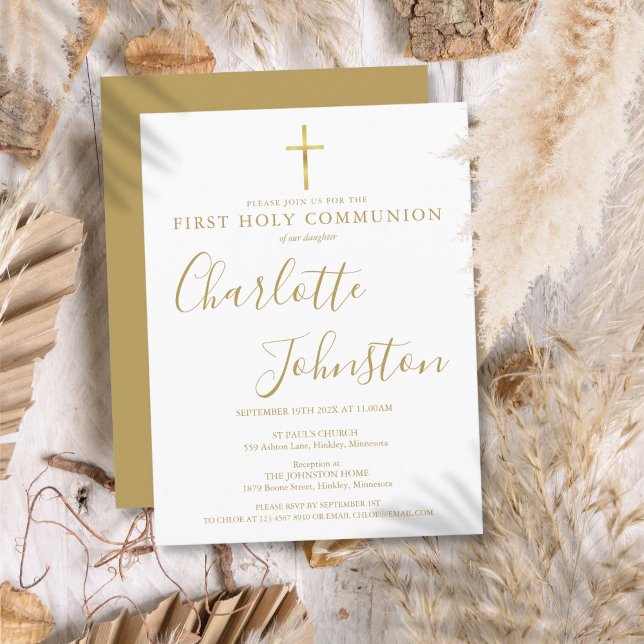 Invitation Carte Postale Première Sainte Communion Élégante Signature Or (First Holy Communion Elegant Gold Signature Invitation Postcard)