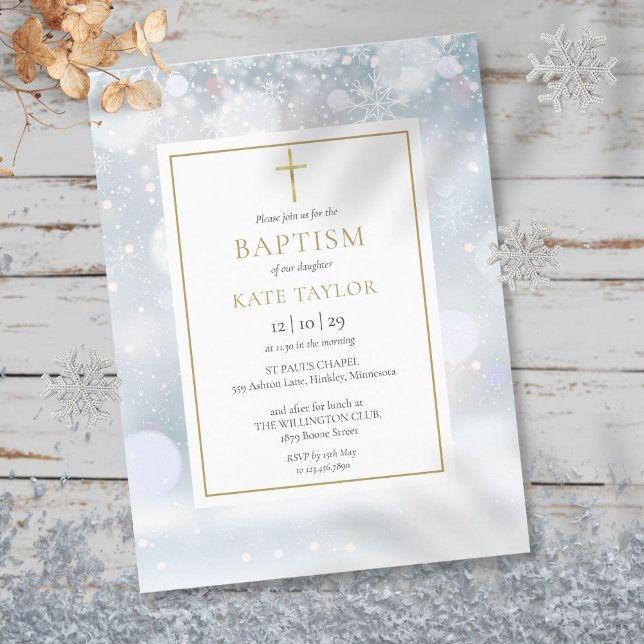 Invitation Carte Postale Premiers Snowflakes Baptême d'hiver Christening (First Snowflakes Winter Baptism Christening Invitation Postcard)
