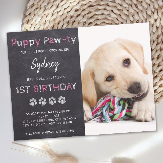Invitation Carte Postale Puppy Pawty Chalkboard Pink Chien Anniversaire (Créateur téléchargé)