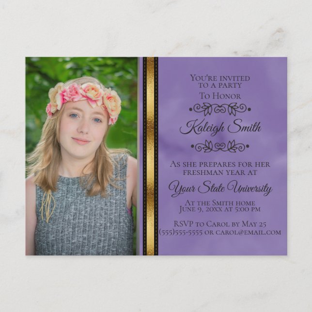 Invitation Carte Postale Purple Black Gold Photo College Trunk Party (Devant)