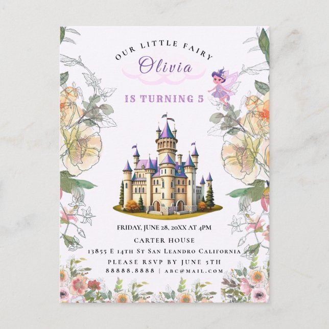 Invitation Carte Postale Purple Castle Fairytale Anniversaire Thème avec Fa (Devant)