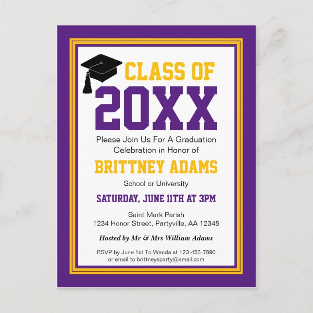 Invitation Carte Postale Purple et Gold Graduation Party (Devant)
