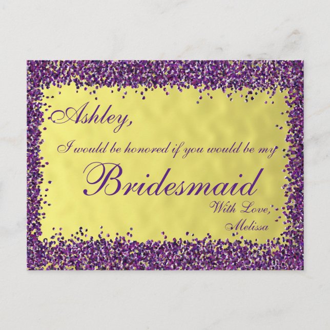 Invitation Carte Postale Purple et Gold - Serez-vous ma servante d'honneur? (Devant)