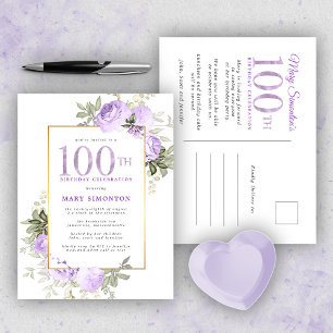 Invitation Carte Postale Purple Gold Floral 100e anniversaire de fête Invit