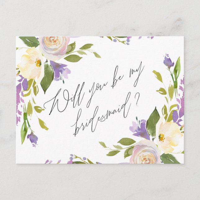 Invitation Carte Postale Purple Green Floral Be My Bridesmaid Proposition (Devant)