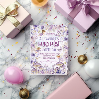 Invitation Carte Postale QR Code Purple Aquarelle Fée Premier anniversaire
