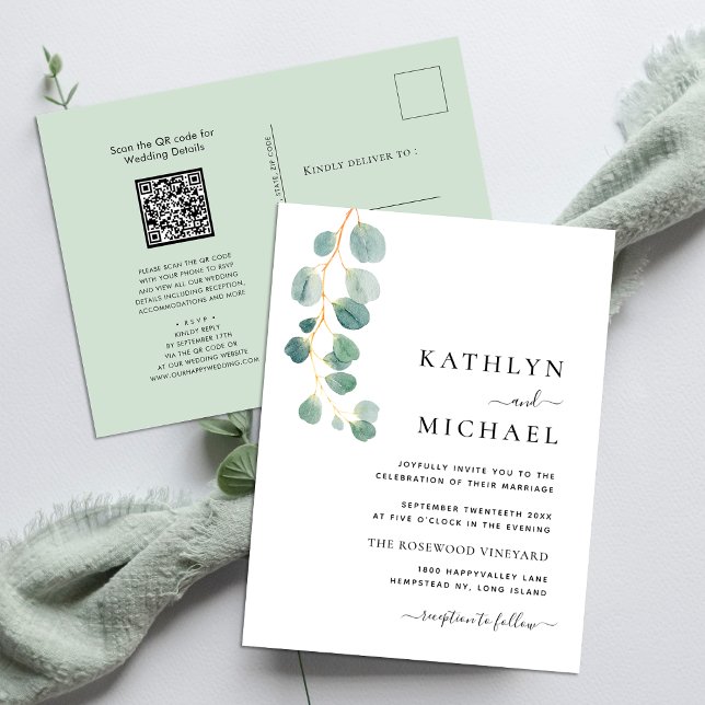 Invitation Carte Postale QR Code tout en un Mariage vert Eucalyptus moderne (Créateur téléchargé)