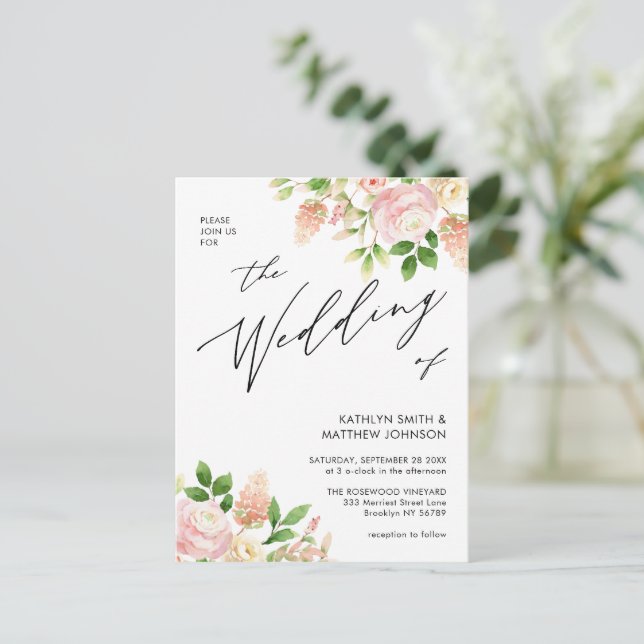 Invitation Carte Postale QR Code Tout en un rose rose Mariage de verdure (Debout devant)