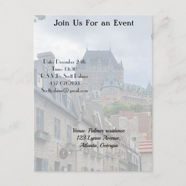 Invitation Carte Postale Quartier historique de Québec (Devant)