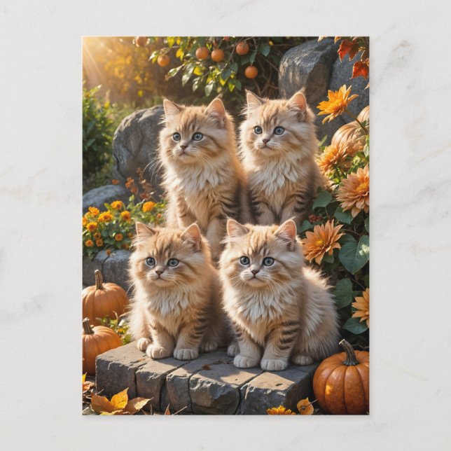 Invitation Carte Postale Quatre chatons d'automne en feuillu avec Citrouill (Devant)
