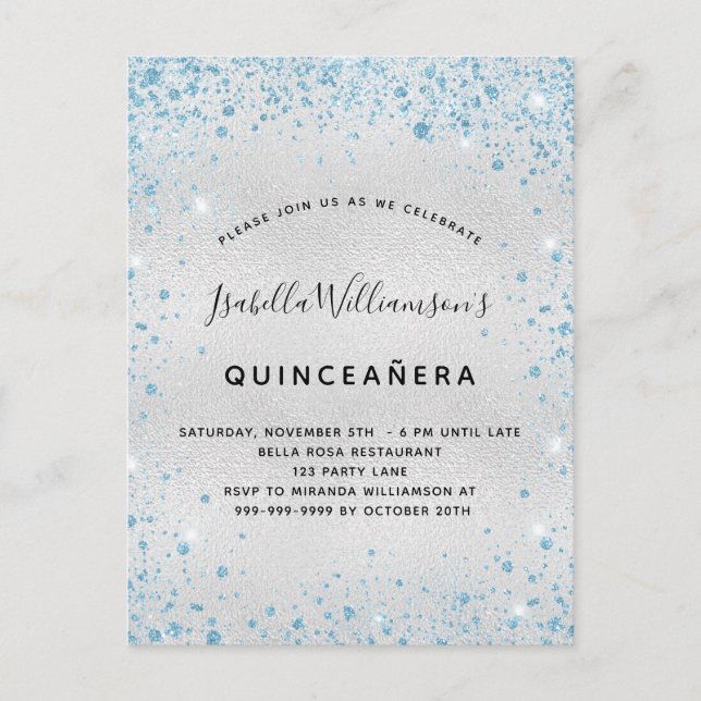 Invitation Carte Postale Quinceanera argent bleu parties scintillant scinti (Devant)