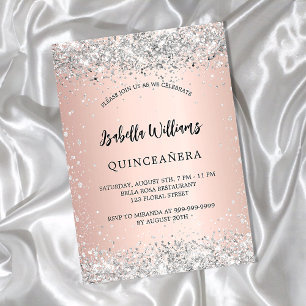 Invitation Carte Postale Quinceanera argent rose or brush