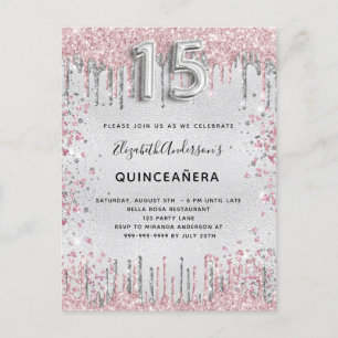 Invitation Carte Postale Quinceanera argent rose parties scintillant poussi