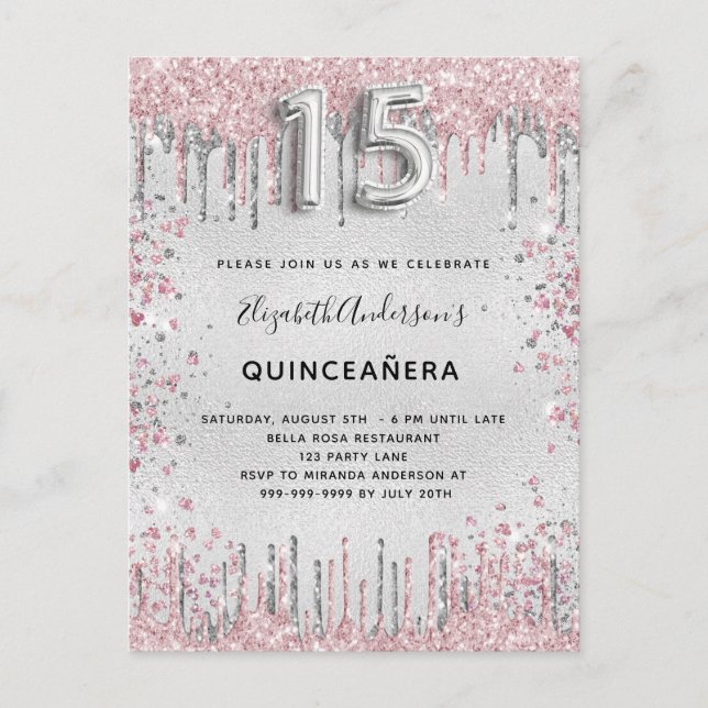 Invitation Carte Postale Quinceanera argent rose parties scintillant poussi (Devant)