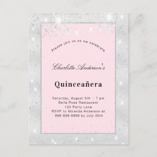 Invitation Carte Postale Quinceanera argent rousse parties scintillant rose