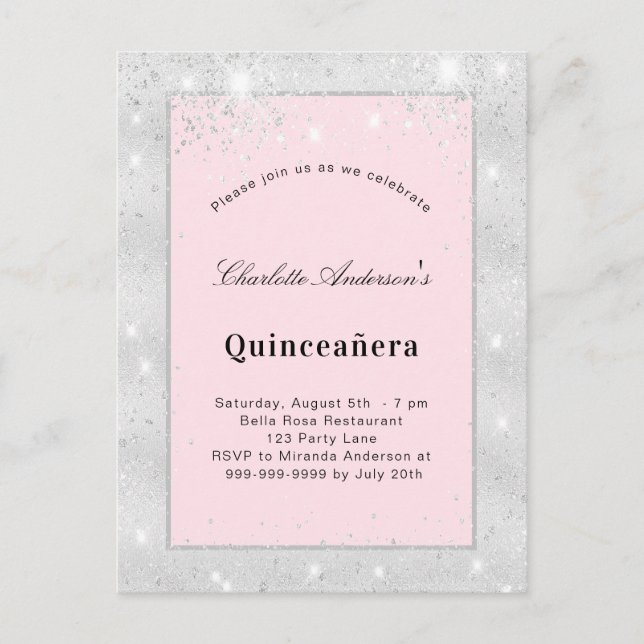 Invitation Carte Postale Quinceanera argent rousse parties scintillant rose (Devant)
