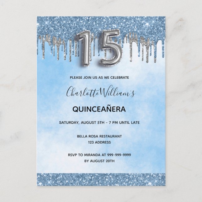 Invitation Carte Postale Quinceanera bleu parties scintillant argent élégan (Devant)