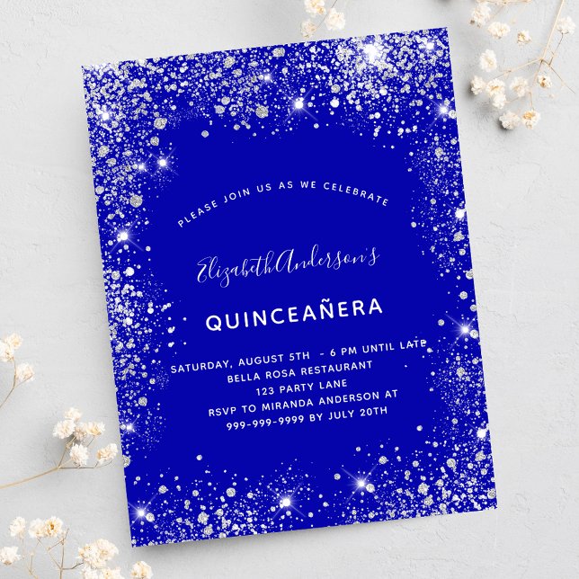Invitation Carte Postale Quinceanera bleu royal argent glam parties scintil (Créateur téléchargé)