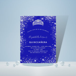 Invitation Carte Postale Quinceanera bleu royal argent parties scintillant 