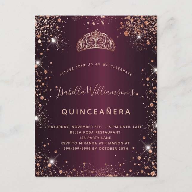 Invitation Carte Postale Quinceanera Bourgogne rose or parties scintillant  (Devant)