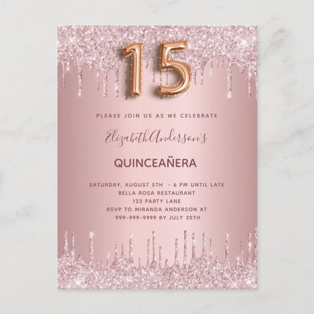 Invitation Carte Postale Quinceanera dusty rose parties scintillant goutte  (Devant)