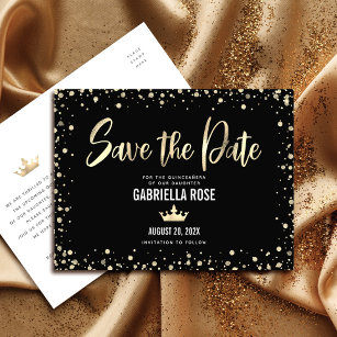 Invitation Carte Postale Quinceañera Enregistrer la date Black Gold Parties