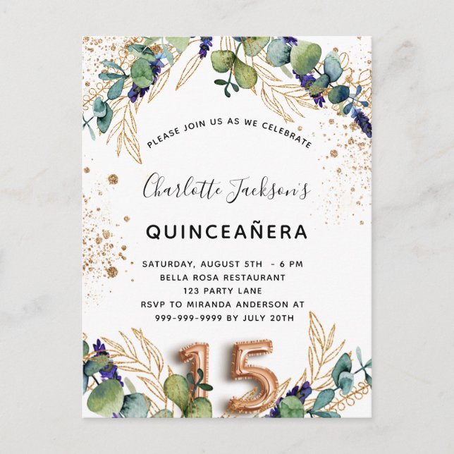 Invitation Carte Postale Quinceanera eucalyptus parties scintillant verte é (Devant)