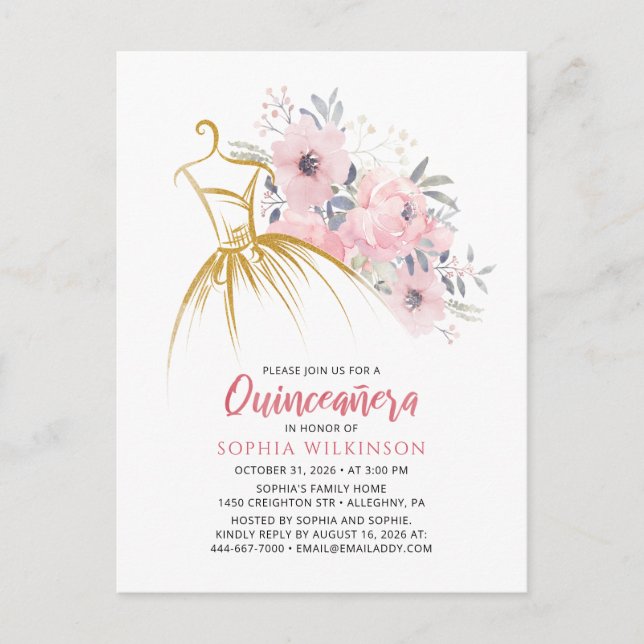 Invitation Carte Postale Quinceanera Floral moderne 15e anniversaire (Devant)