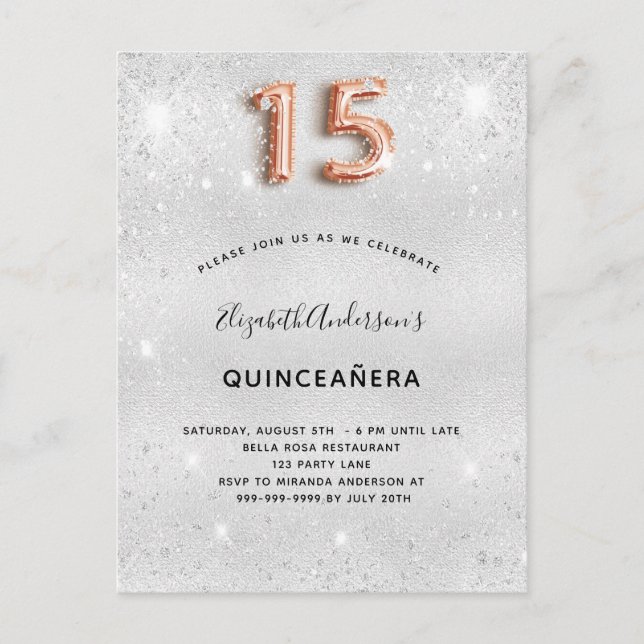 Invitation Carte Postale Quinceanera métal argent rose or parties scintilla (Devant)