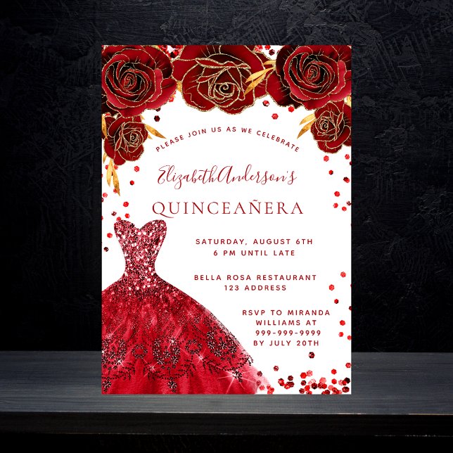 Invitation Carte Postale Quinceanera robe rouge blanc rose glamour (Créateur téléchargé)