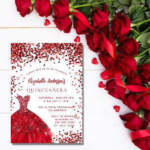 Invitation Carte Postale Quinceanera robe rouge blanche pétillante fête