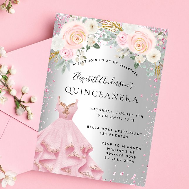 Invitation Carte Postale Quinceanera rose argent brillant robe glamour (Créateur téléchargé)