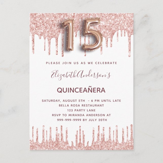 Invitation Carte Postale Quinceanera rose gouttes d'or rose (Devant)