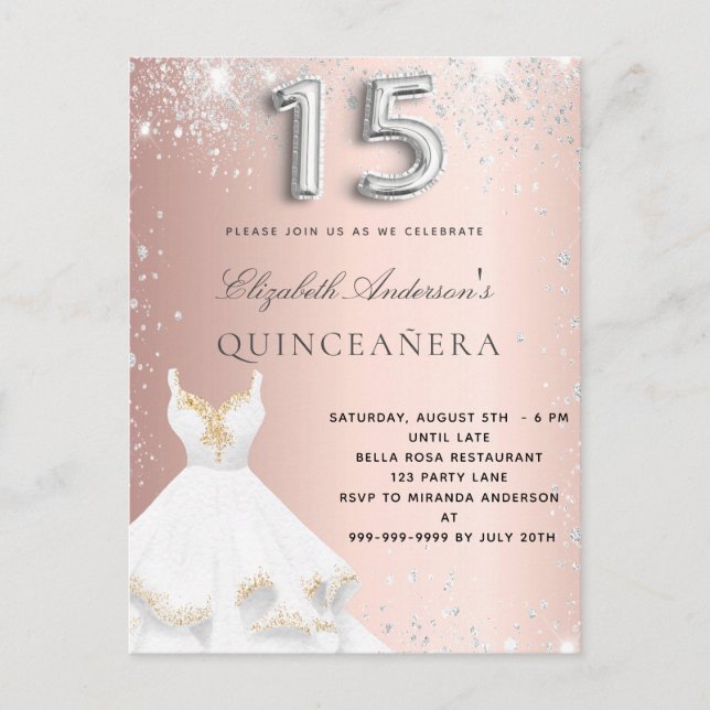 Invitation Carte Postale Quinceanera rose or argent robe éclatante (Devant)