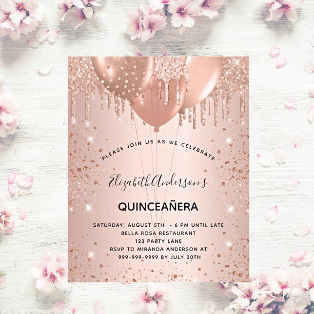 Invitation Carte Postale Quinceanera rose or parties scintillant largue bal (Créateur téléchargé)